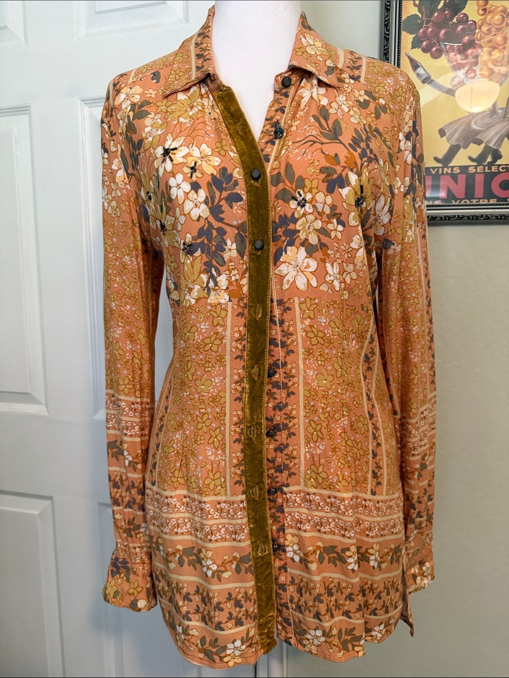 Floral Button-Front Tunic in Rust and Olive